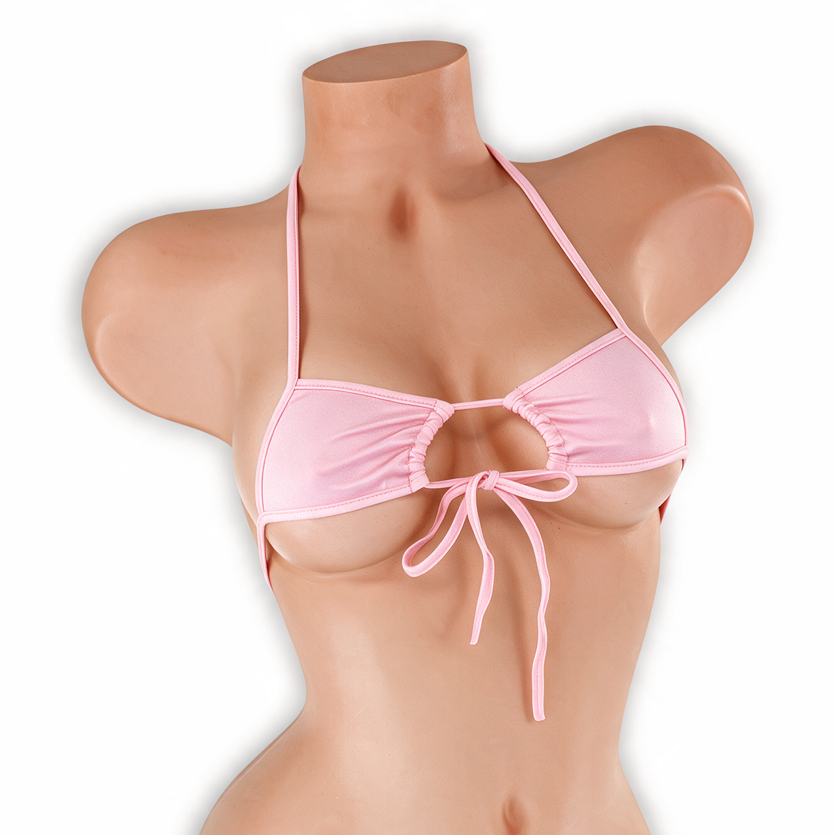 Rose Quartz baby pink adjustable center tie top with center tie on mannequin, front view, Golddiggers Boutique
