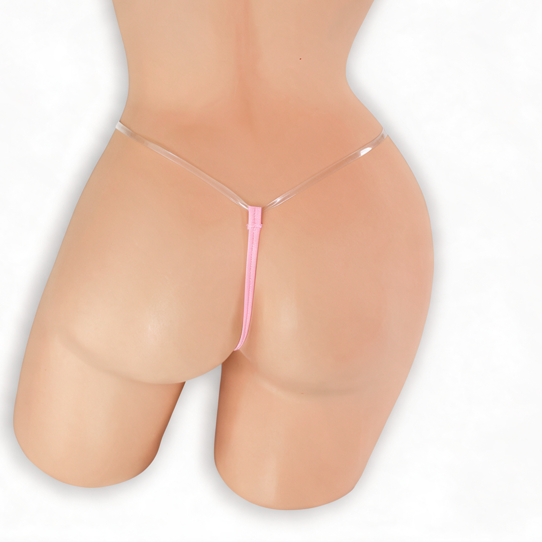 Rose Quartz baby pink clear strap g-string on mannequin, back view, Golddiggers Boutique