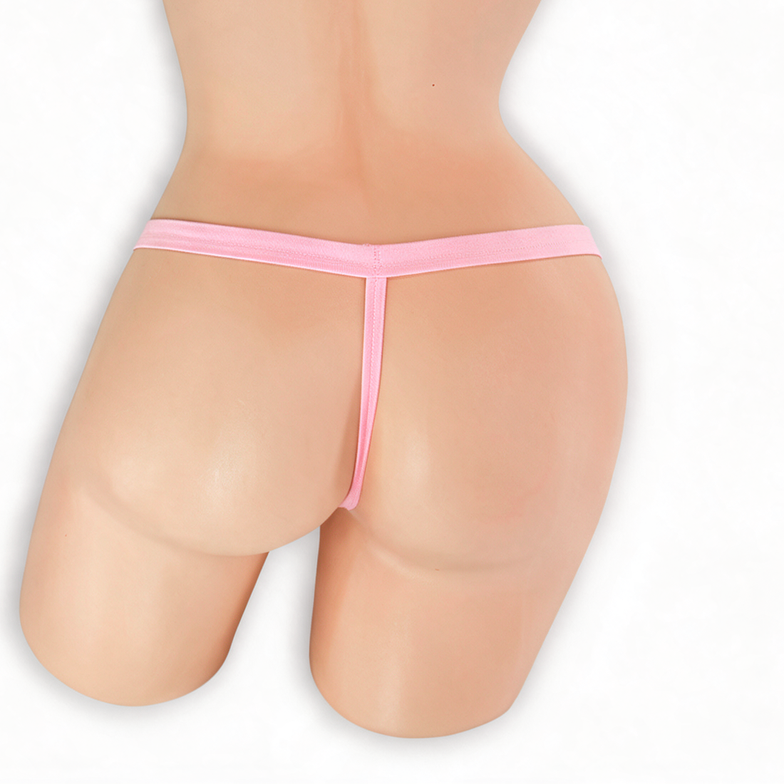 Rose Quartz baby pink comfort strap t-back thong on mannequin, back view, Golddiggers Boutique