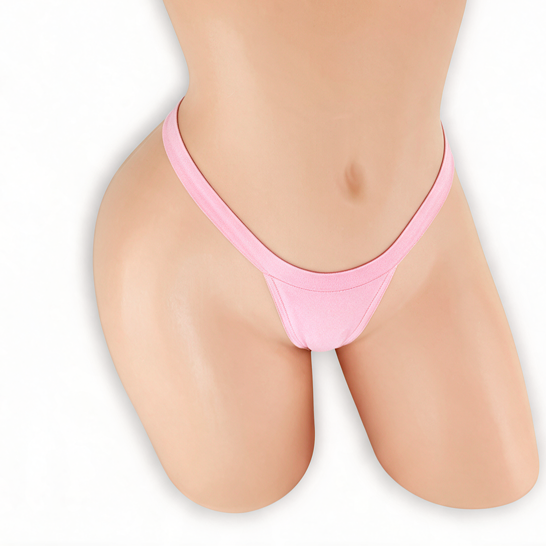 Rose Quartz baby pink comfort strap t-back thong on mannequin, front view, Golddiggers Boutique