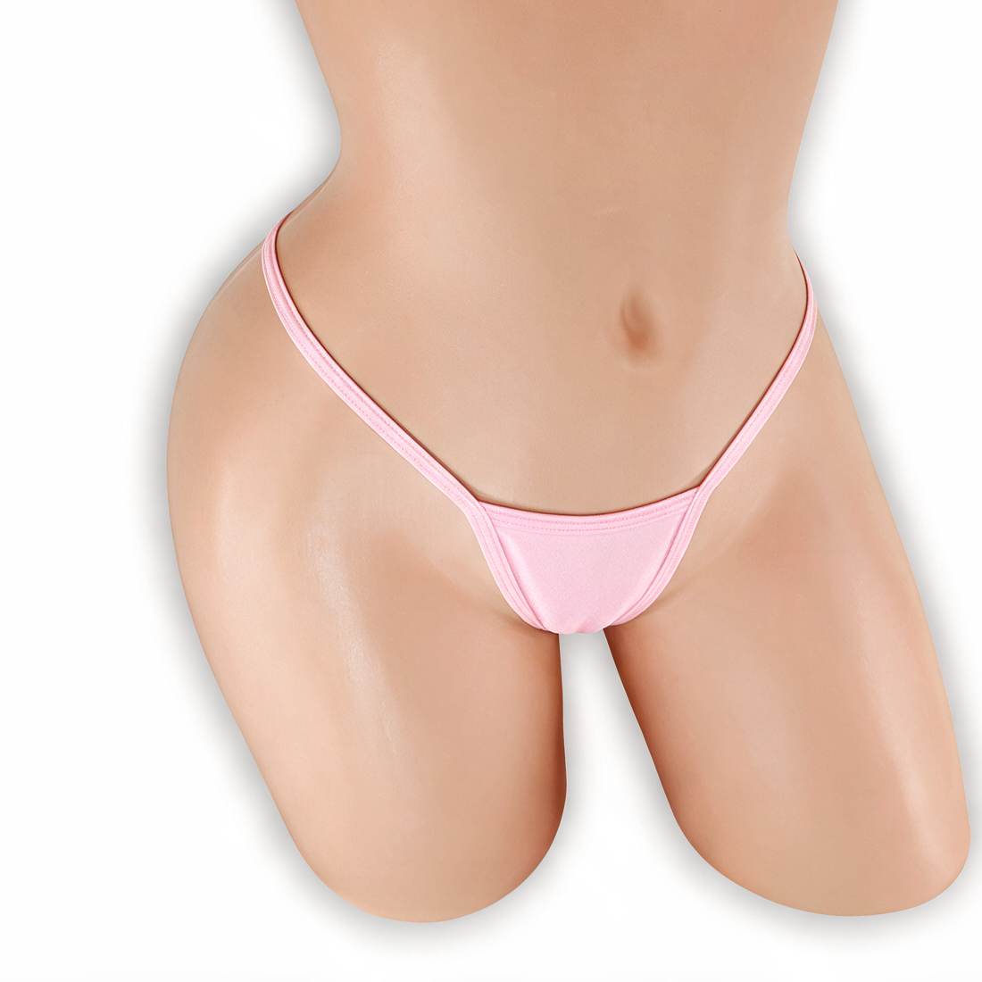 Rose Quartz baby pink covered strap t-back thong on mannequin, front view, Golddiggers Boutique