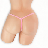 Rose Quartz baby pink double clip low rise v-back thong on mannequin, back view, Golddiggers Boutique