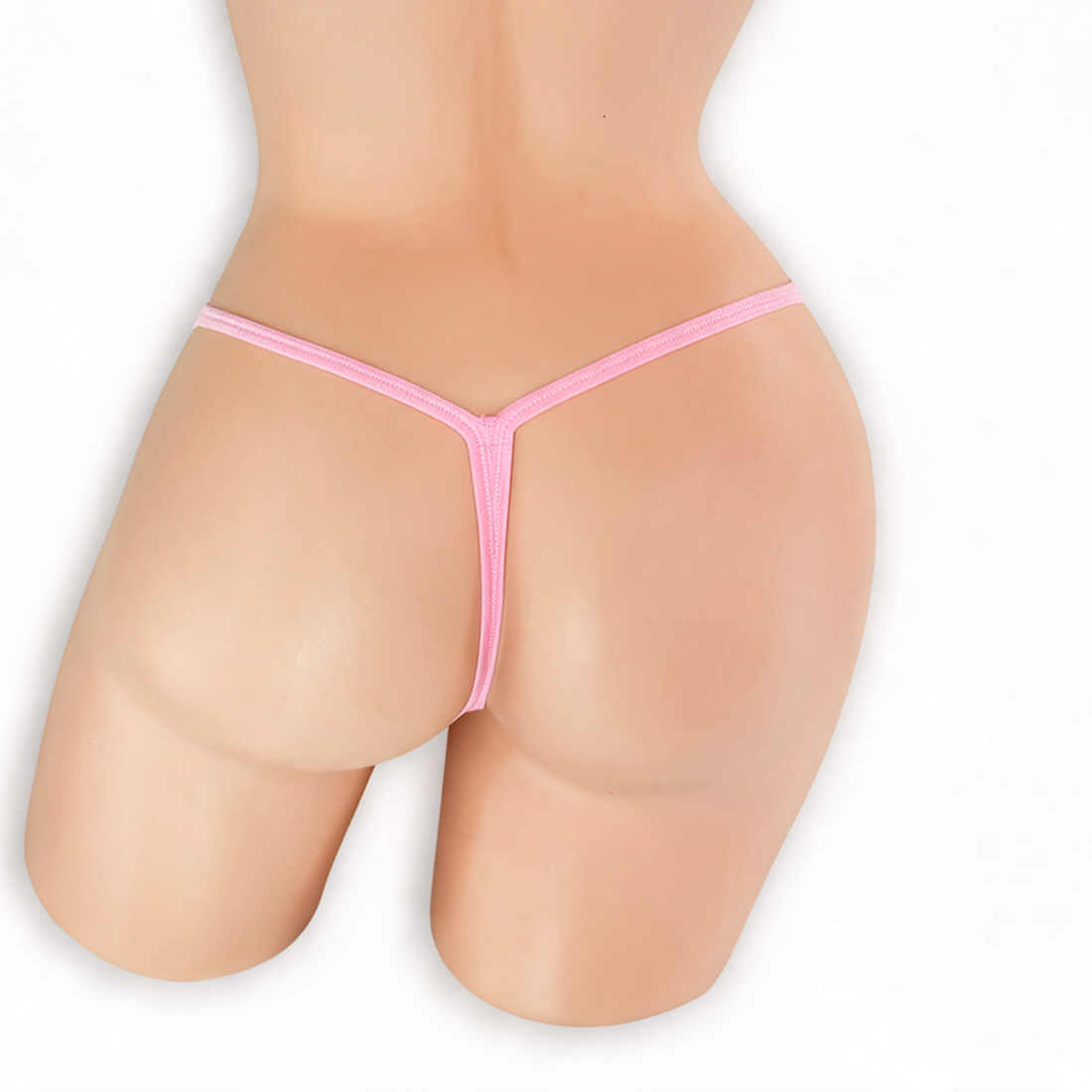 Rose Quartz baby pink double clip low rise v-back thong on mannequin, back view, Golddiggers Boutique