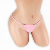 Rose Quartz baby pink double clip low rise v-back thong on mannequin, front view, Golddiggers Boutique
