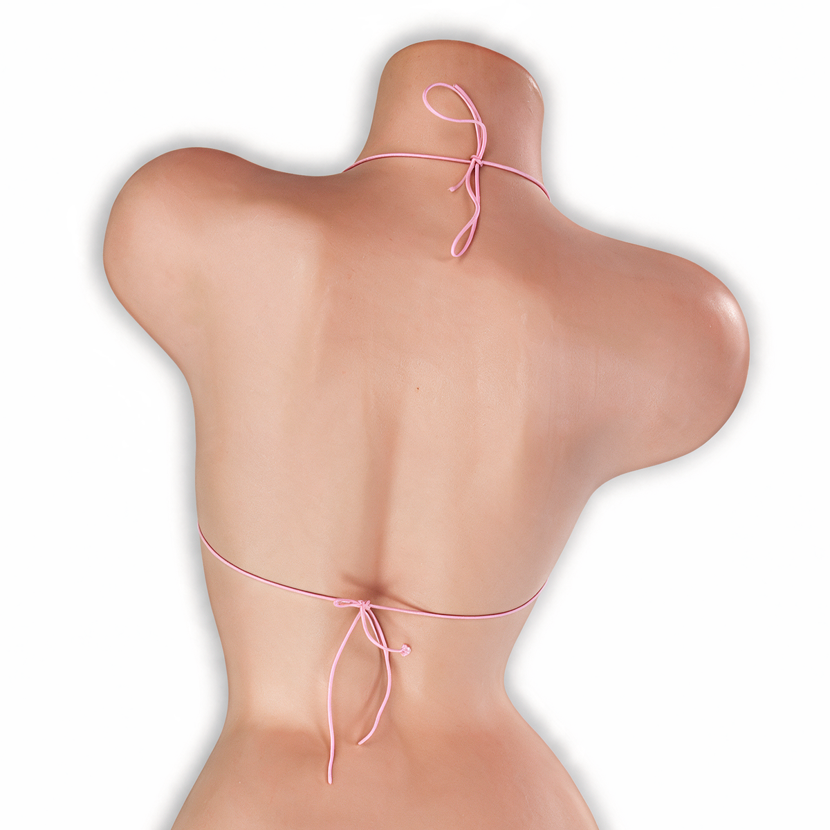 Rose Quartz baby pink elastic strap beaded top with clear beads on mannequin, back view, Golddiggers Boutique