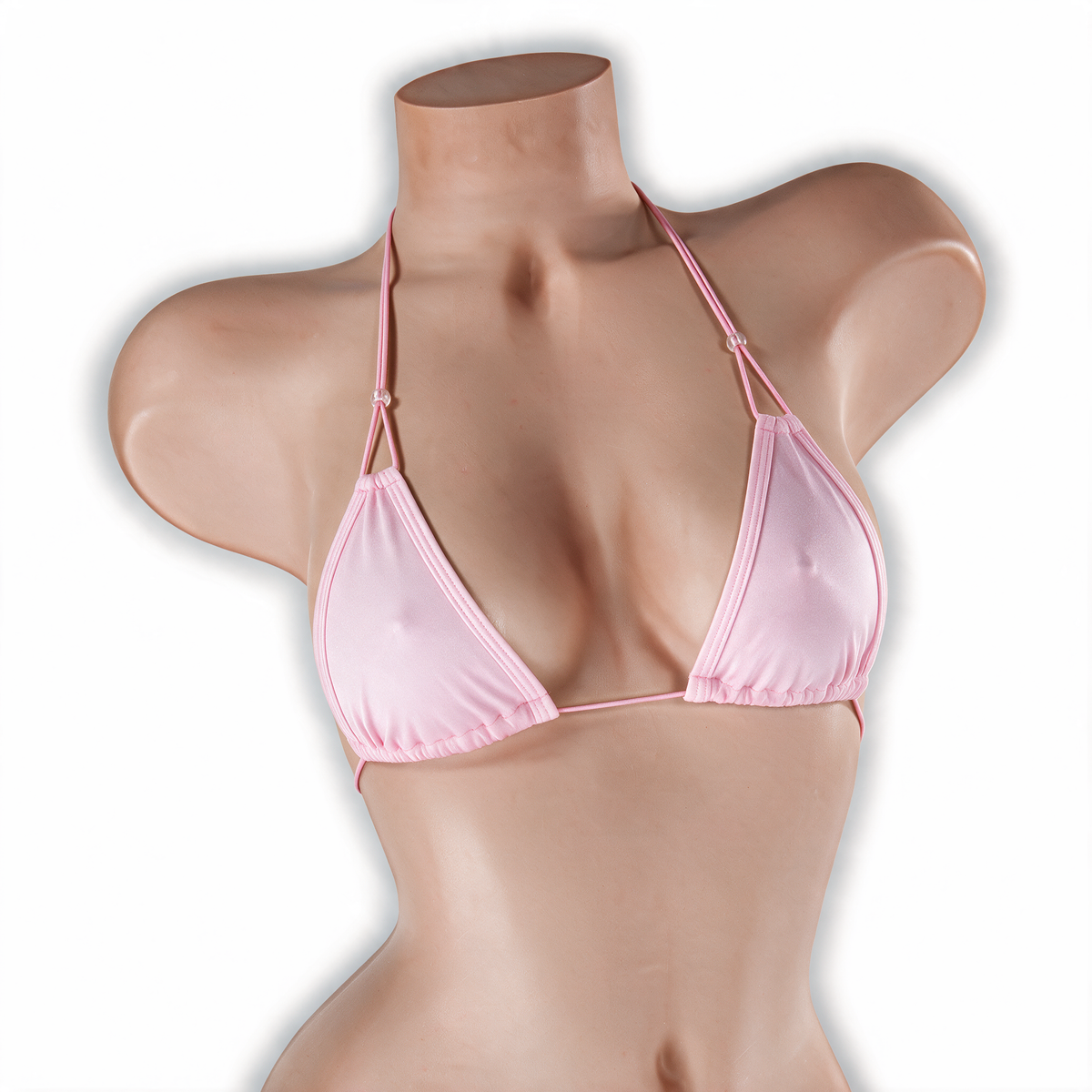 Rose Quartz baby pink elastic strap beaded top with clear beads on mannequin, front view, Golddiggers Boutique