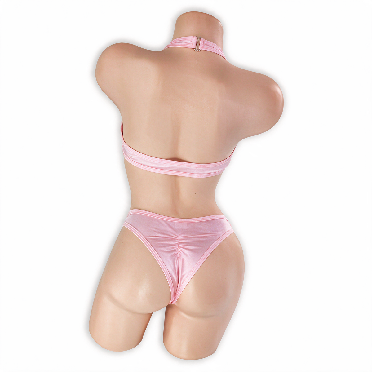 Rose Quartz baby pink Esmeralda asymmetrical O-ring halter bodysuit, back, Golddiggers Boutique