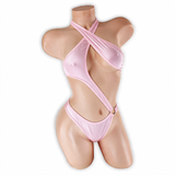 Rose Quartz baby pink Esmeralda asymmetrical O-ring halter bodysuit, front, Golddiggers Boutique