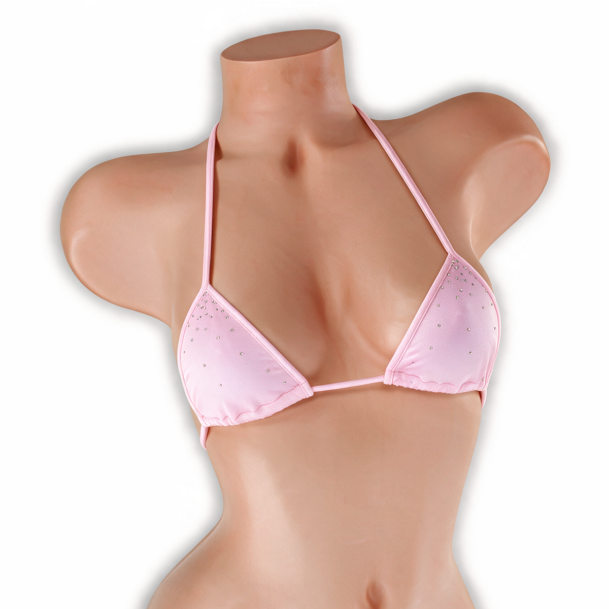 Rose Quartz baby pink fairy dust mini tri top with tiny silver rhinestones on mannequin, front view, Golddiggers Boutique