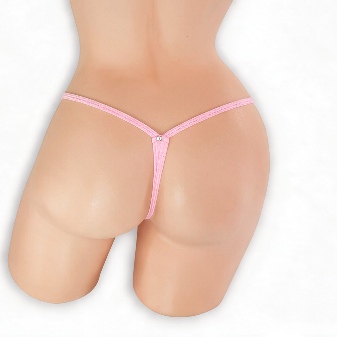 Rose Quartz baby pink fairy dust v-front g-string on mannequin, back view, Golddiggers Boutique