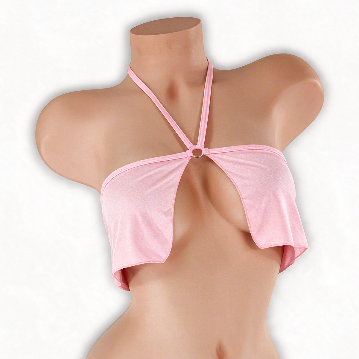 Rose Quartz baby pink flowy o-ring top on mannequin, front view, Golddiggers Boutique