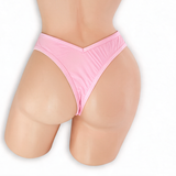 Rose Quartz baby pink high waisted scrunch v-back thong on mannequin, back view, Golddiggers Boutique