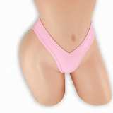 Rose Quartz baby pink high waisted scrunch v-back thong on mannequin, front view, Golddiggers Boutique