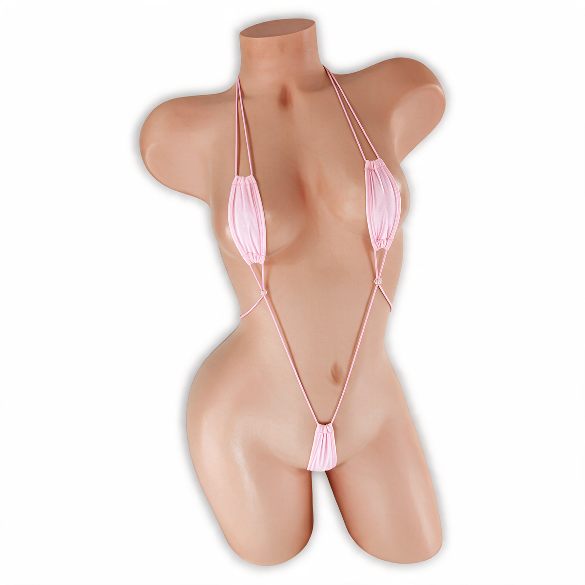 Rose Quartz (Baby Pink) Kali Teeny Weeny Slingshot Bodysuit front view on mannequin, tiny scrunched cups and micro pouch