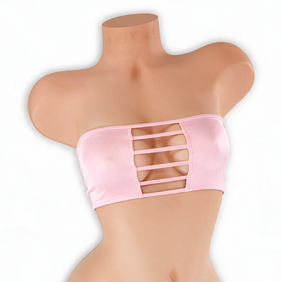 Rose Quartz baby pink ladder cutout bandeau top on mannequin, front view, Golddiggers Boutique
