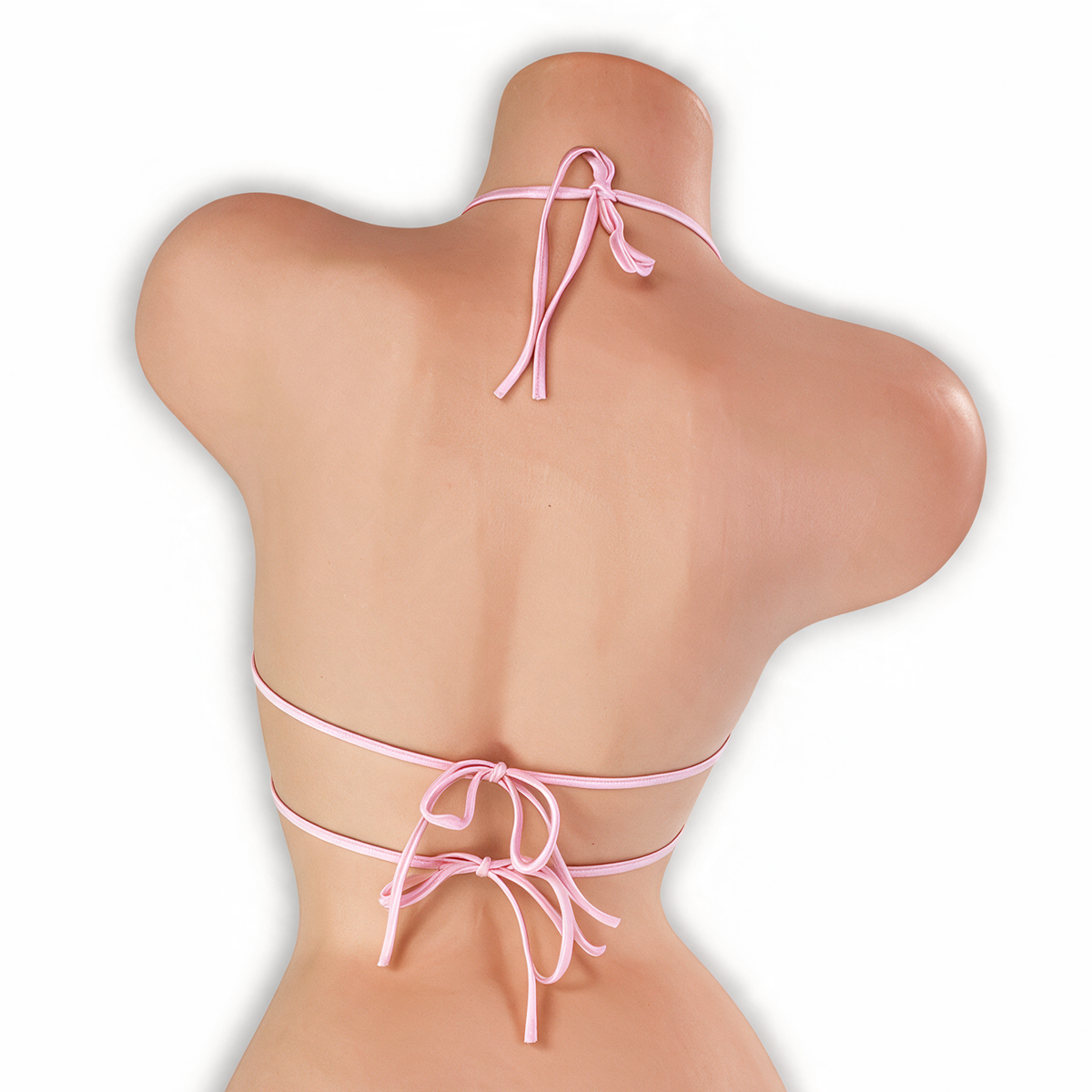 Rose Quartz baby pink micro strappy tri top with O-ring on mannequin, back view, Golddiggers Boutique