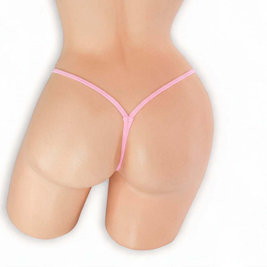 Rose Quartz baby pink mini v-back thong on mannequin, back view, Golddiggers Boutique