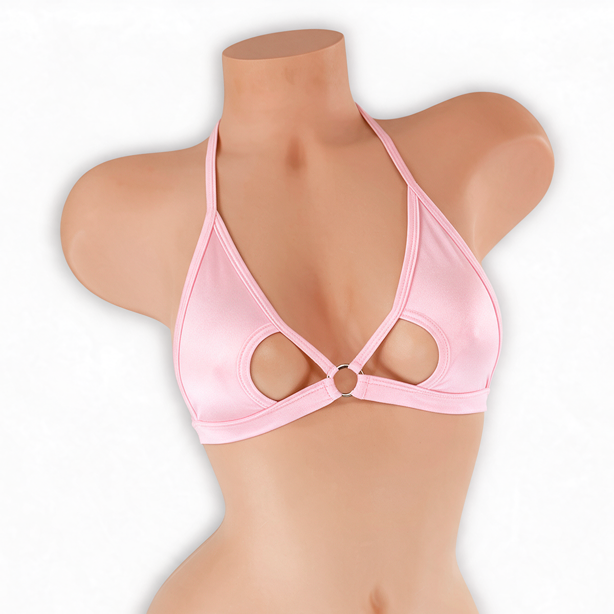 Rose Quartz baby pink open front o-ring top on mannequin, front view, Golddiggers Boutique