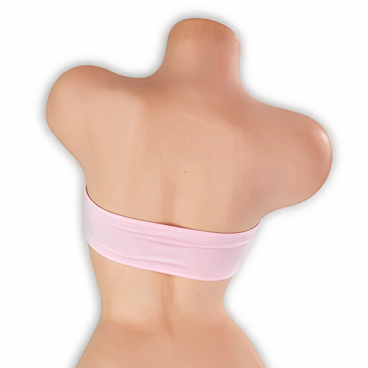 Rose Quartz baby pink peekaboo bandeau top on mannequin, back view, Golddiggers Boutique