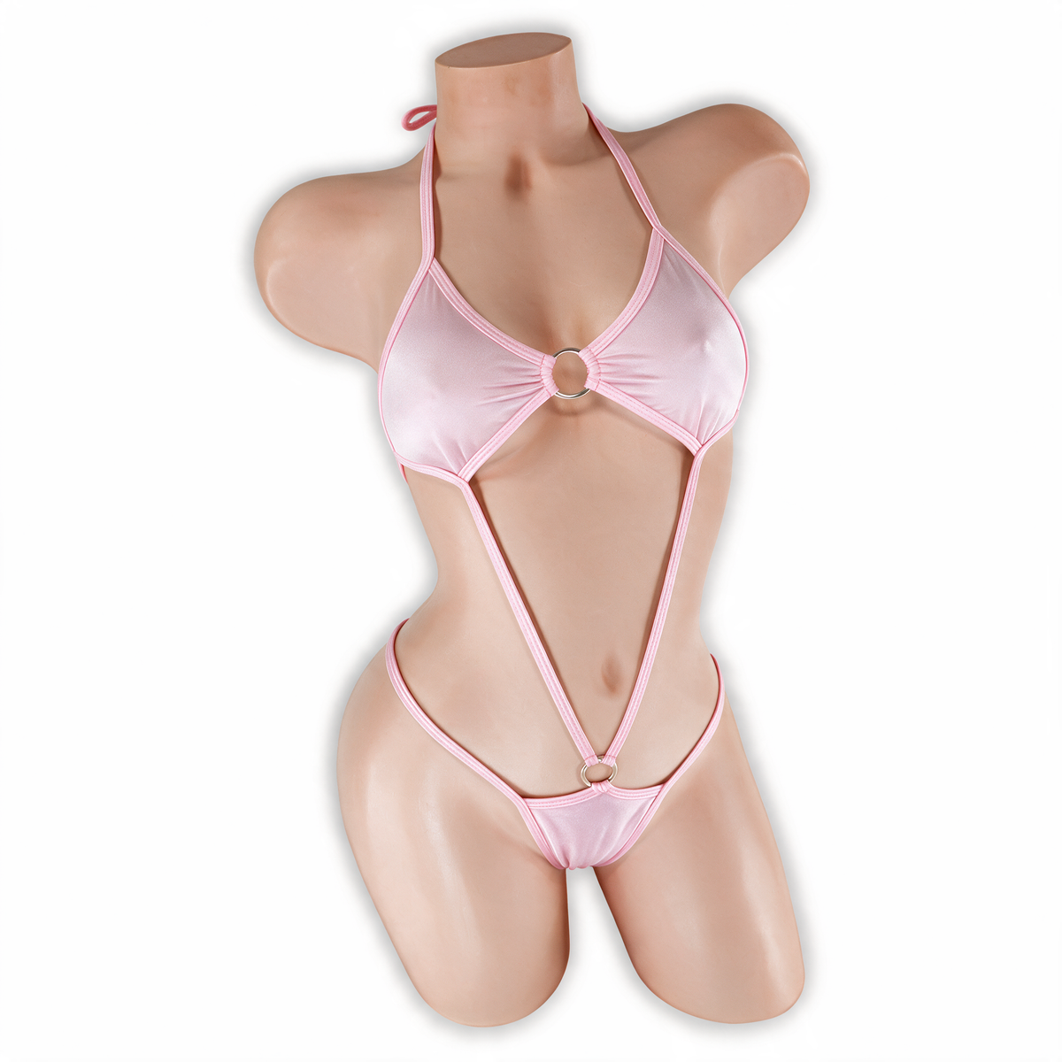 Rose Quartz baby pink Remy O-Ring Slingshot Bodysuit, front, Golddiggers Boutique