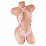 Rose Quartz baby pink Savannah criss cross halter thong bodysuit, front, Golddiggers Boutique