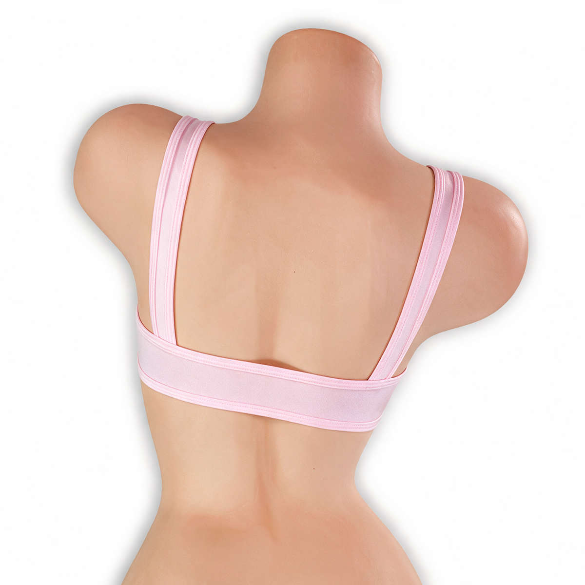 Rose Quartz baby pink sleek underboob top on mannequin, back view, Golddiggers Boutique