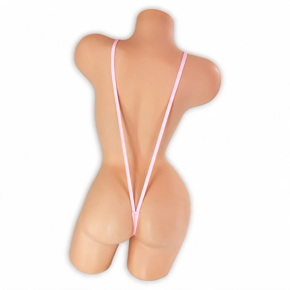 Rose Quartz baby pink suspender slingshot thong on mannequin, back view, Golddiggers Boutique