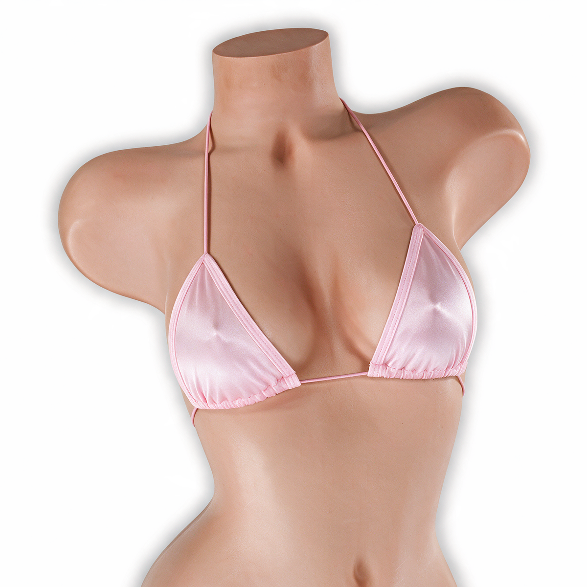 Rose Quartz baby pink elastic string tri top on mannequin, front view, Golddiggers Boutique