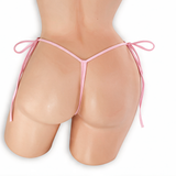 Rose Quartz baby pink tie side t-back thong on mannequin, back view, Golddiggers Boutique