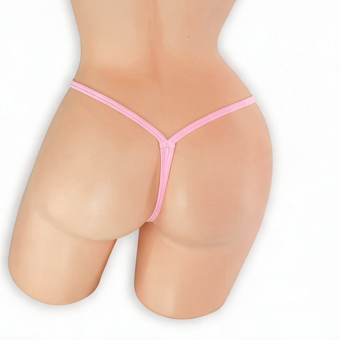 Rose Quartz baby pink wide strap low rise v-back thong on mannequin, back view, Golddiggers Boutique