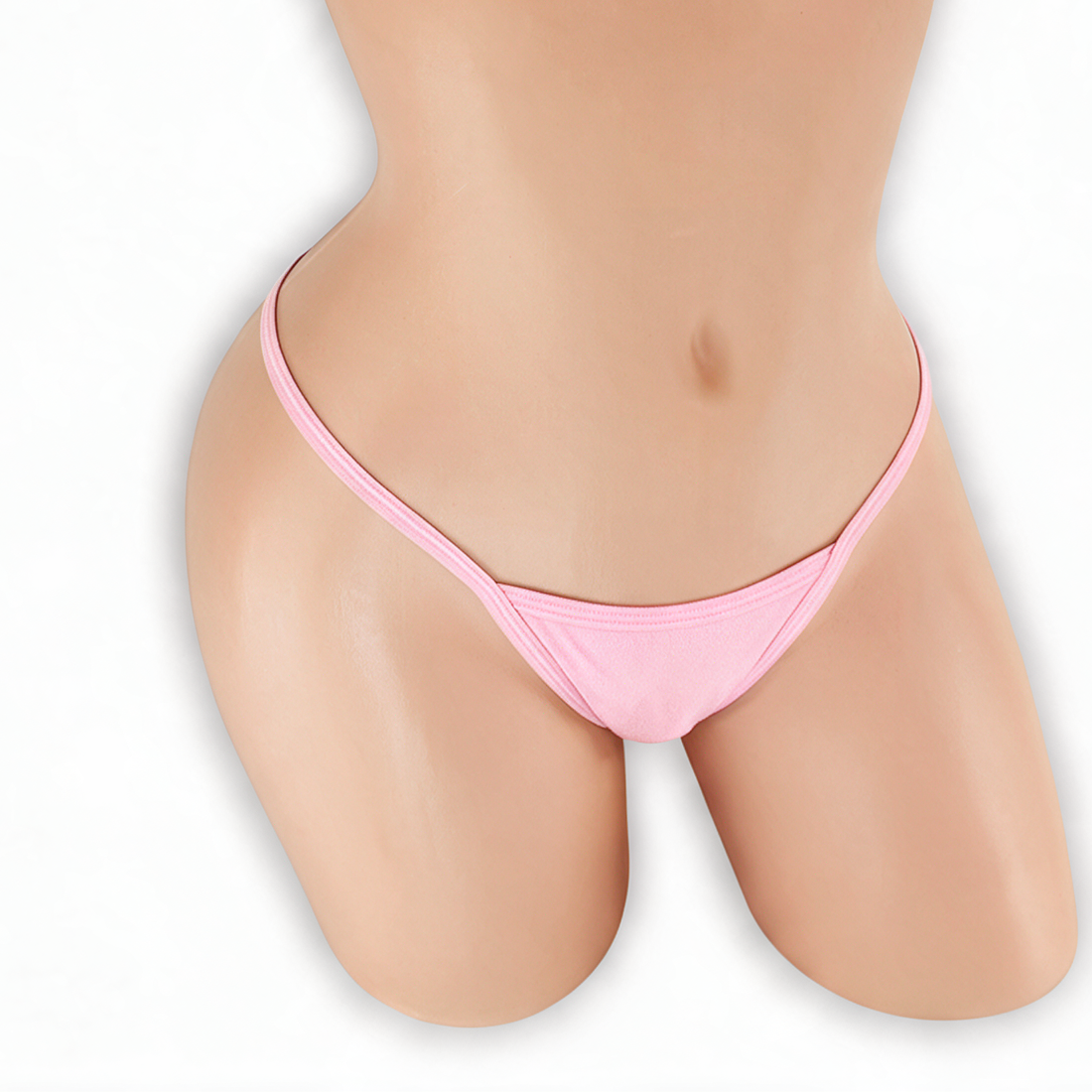 Rose Quartz baby pink wide strap low rise v-back thong on mannequin, front view, Golddiggers Boutique