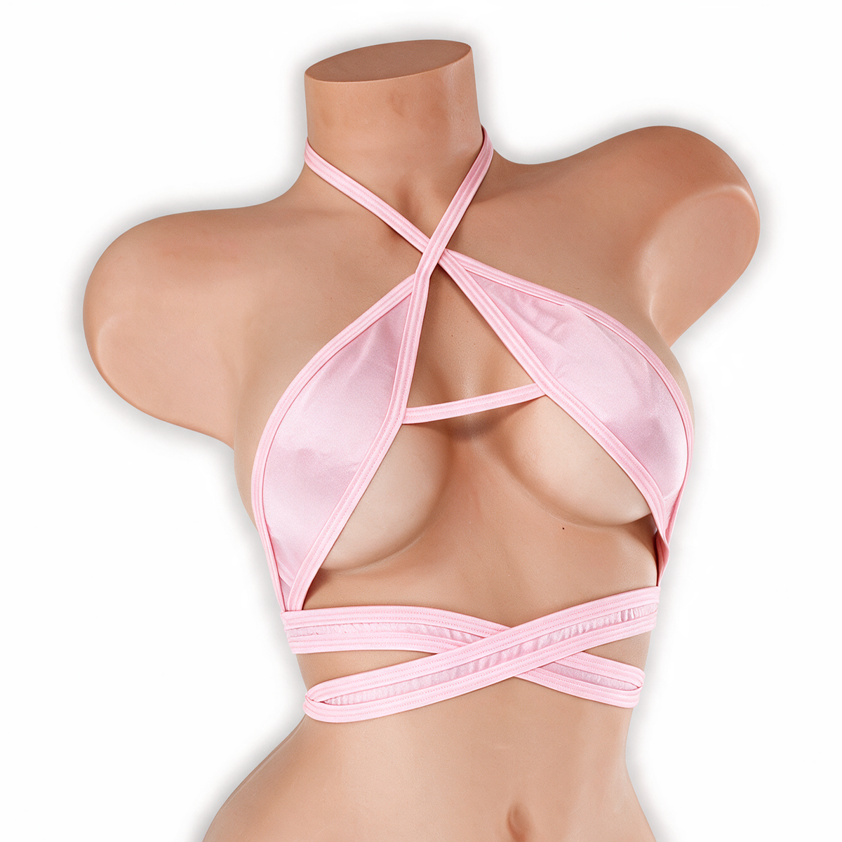 Rose Quartz baby pink wrap around strappy top on mannequin, front view, Golddiggers Boutique