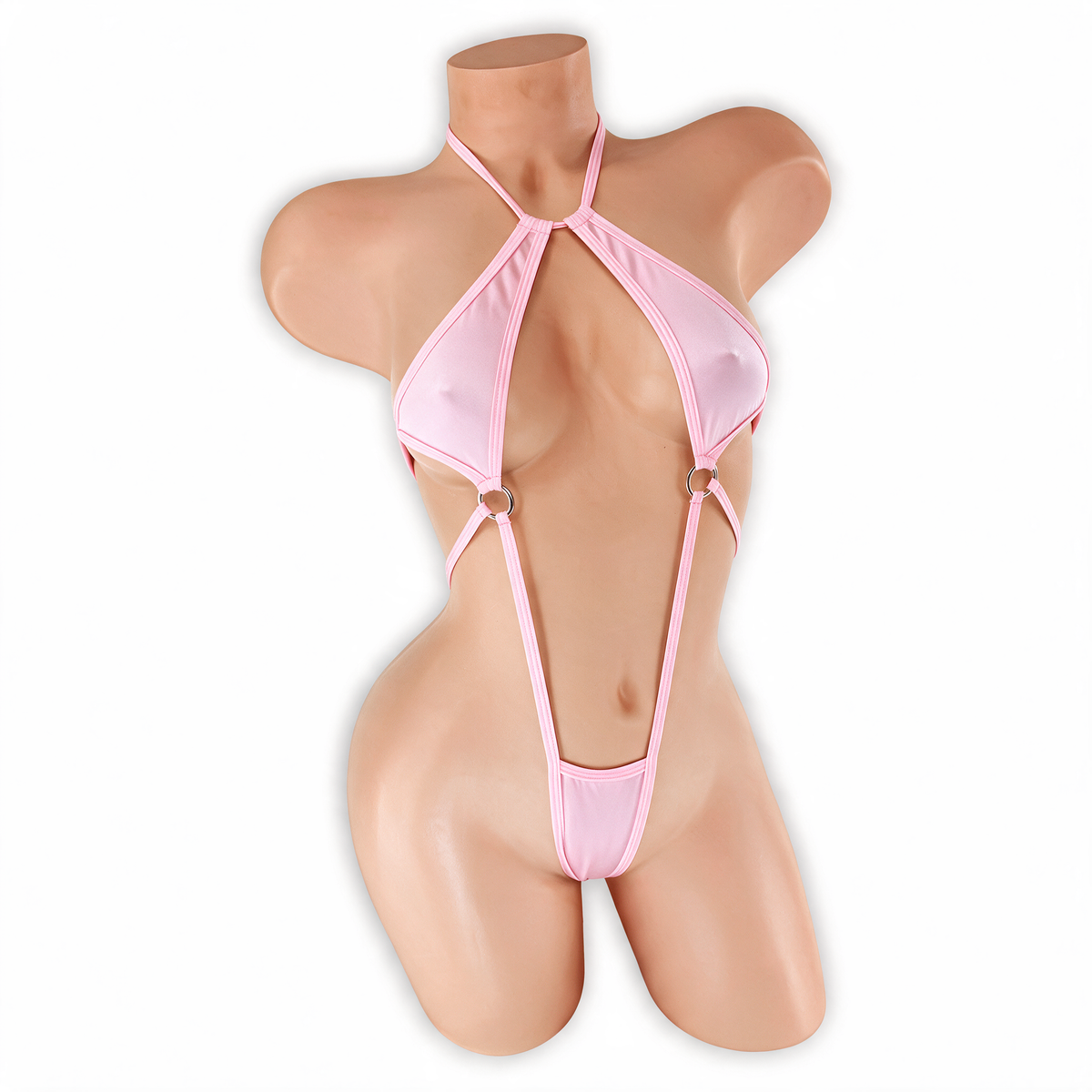 Rose Quartz baby pink Desiree double O-ring halter bodysuit, front, Golddiggers Boutique
