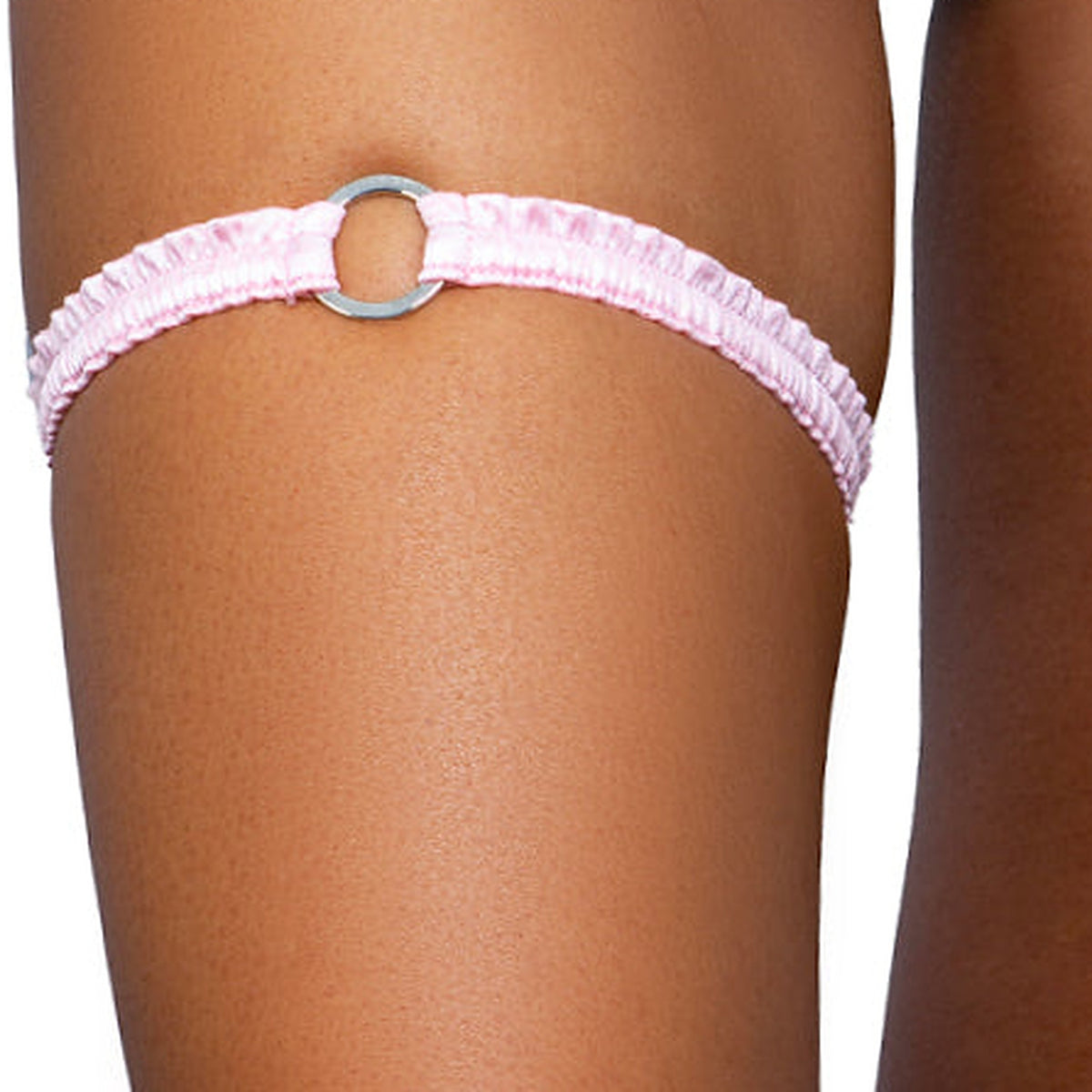 Rose Quartz baby pink o-ring ruched tip garter worn on the thigh, Golddiggers Boutique