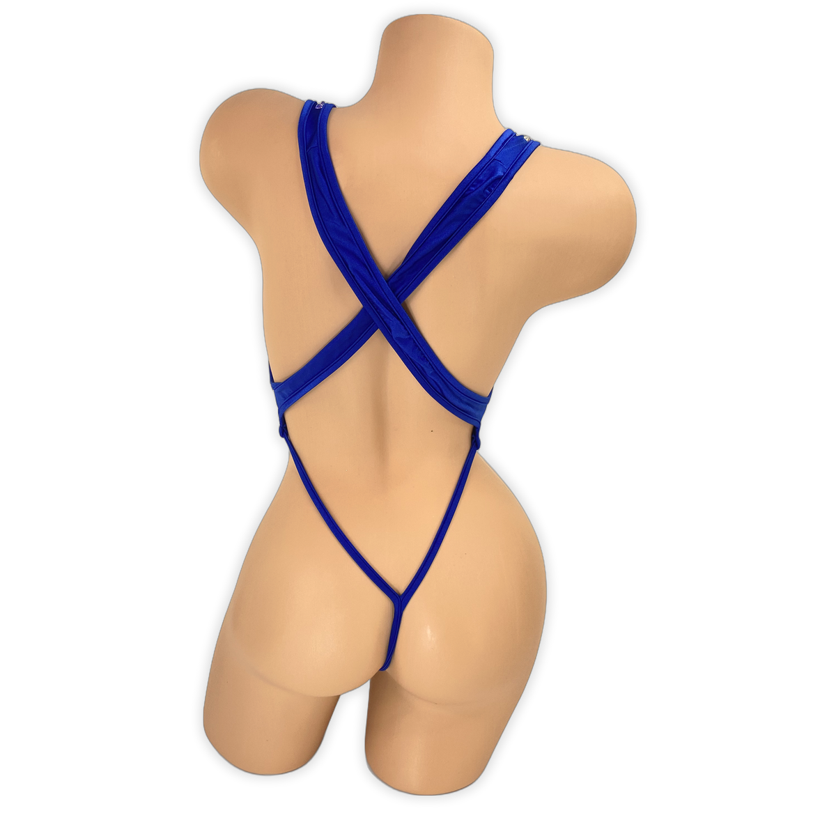 Royal Blue Paige rhinestone slingshot bodysuit, back view showing criss-cross straps and thong back