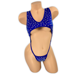 Royal Blue Paige rhinestone cutout slingshot bodysuit, front view on mannequin