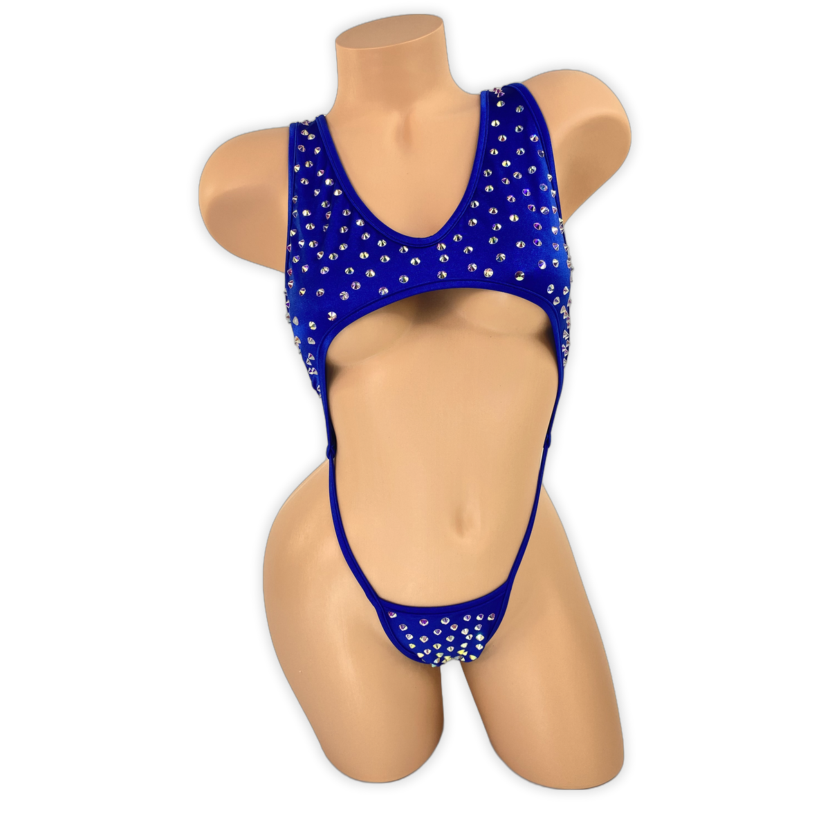 Royal Blue Paige rhinestone cutout slingshot bodysuit, front view on mannequin
