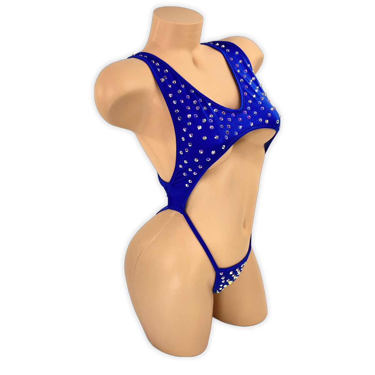 Royal Blue Paige rhinestone cutout slingshot bodysuit, side view on mannequin