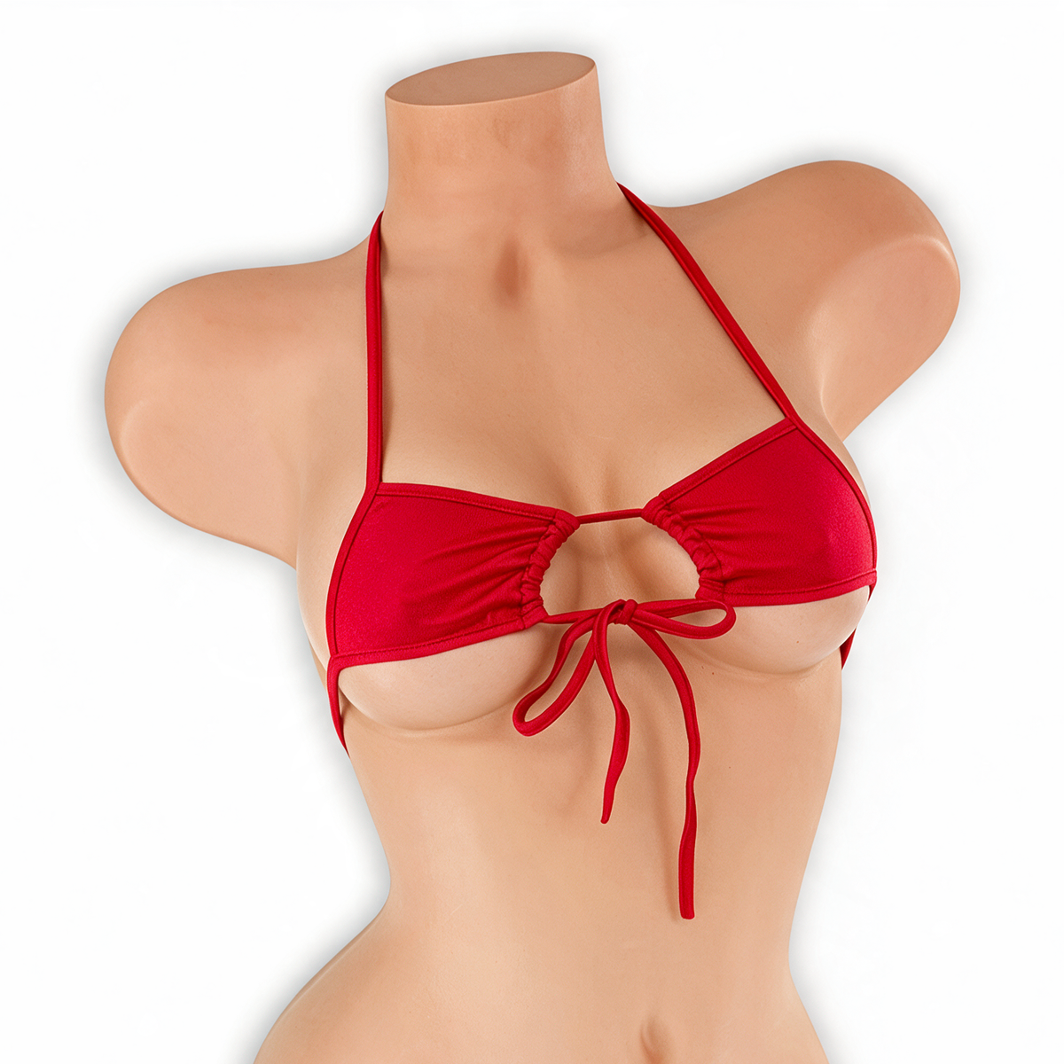 Ruby red adjustable center tie top with center tie on mannequin, front view, Golddiggers Boutique
