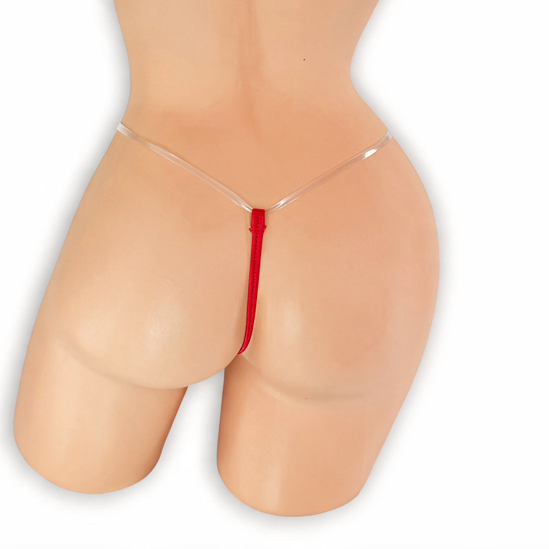 Ruby red clear strap g-string on mannequin, back view, Golddiggers Boutique