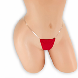 Ruby red clear strap g-string on mannequin, front view, Golddiggers Boutique