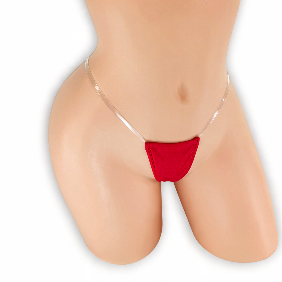 Ruby red clear strap g-string on mannequin, front view, Golddiggers Boutique