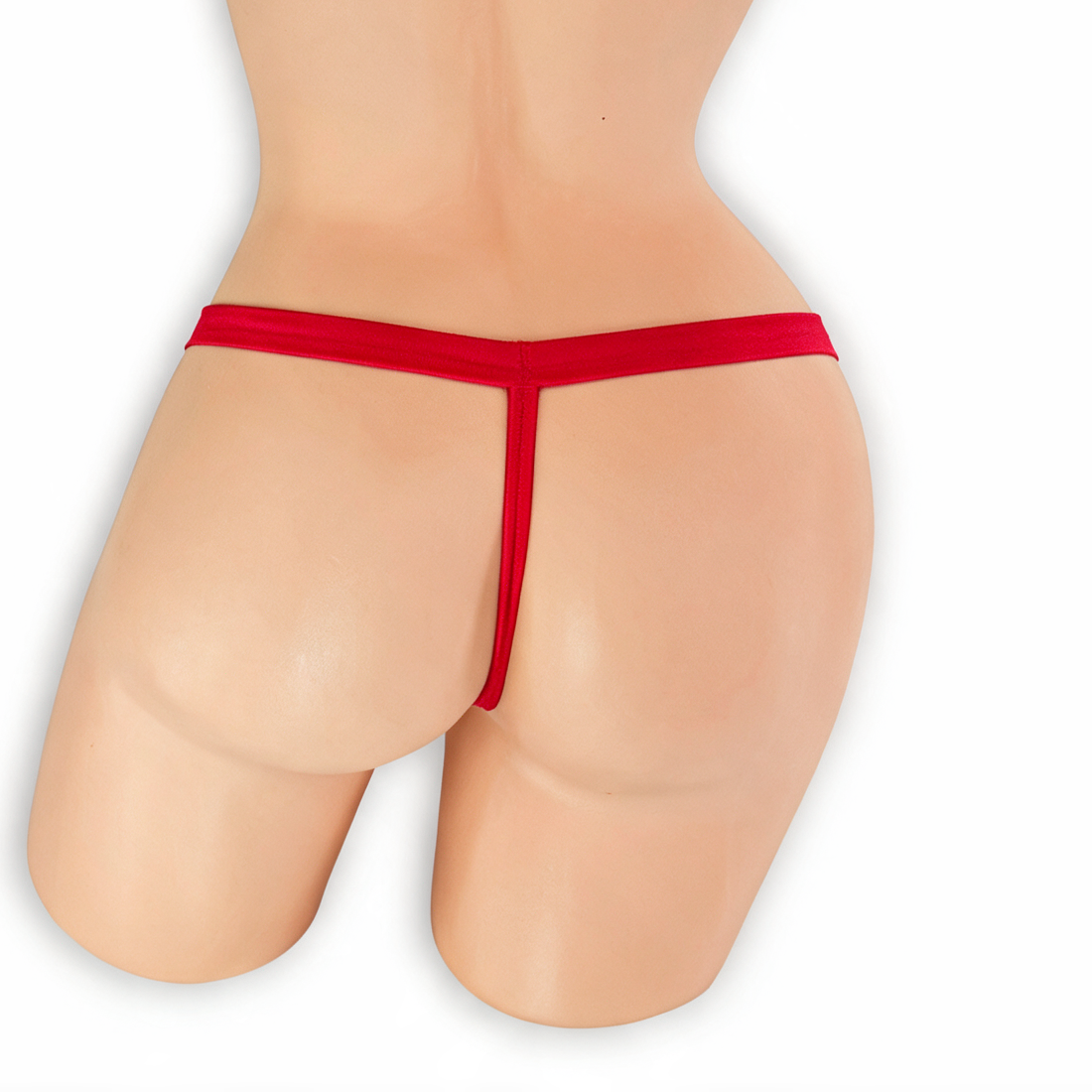 Ruby red comfort strap t-back thong on mannequin, back view, Golddiggers Boutique