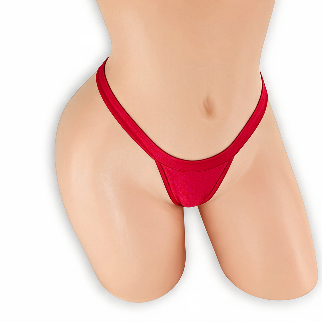 Ruby red comfort strap t-back thong on mannequin, front view, Golddiggers Boutique