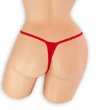 Ruby red covered strap t-back thong on mannequin, back view, Golddiggers Boutique