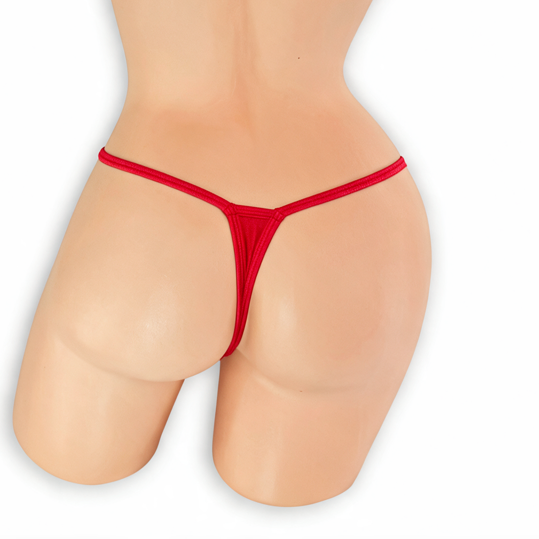 Ruby red covered strap t-back thong on mannequin, back view, Golddiggers Boutique