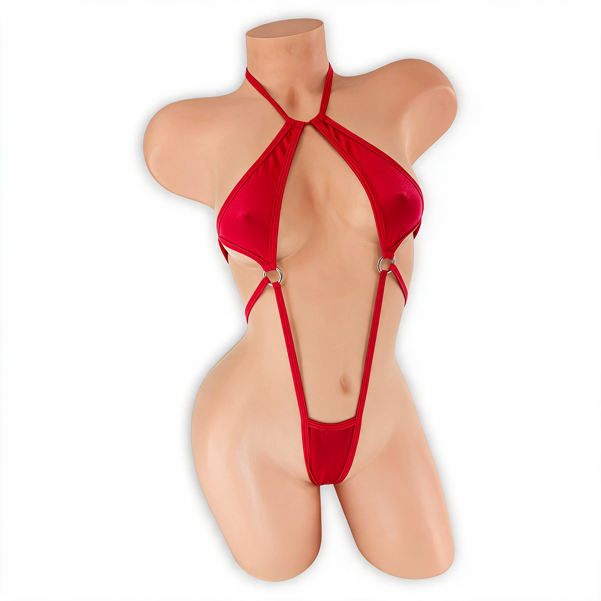 Ruby red Desiree double O-ring halter bodysuit, front, Golddiggers Boutique