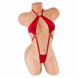 Ruby red Desiree double O-ring halter bodysuit, front, Golddiggers Boutique