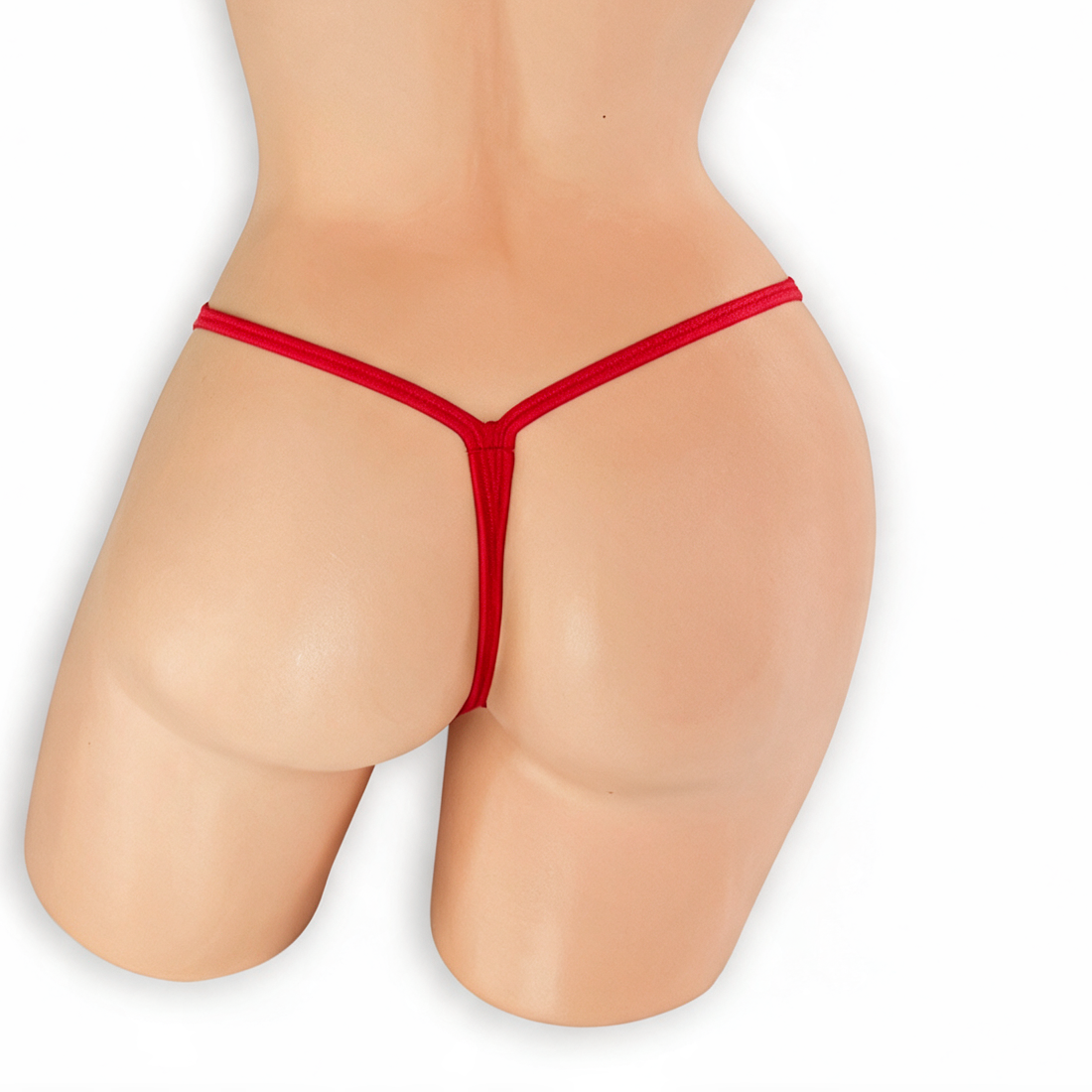 Ruby red double clip low rise v-back thong on mannequin, back view, Golddiggers Boutique