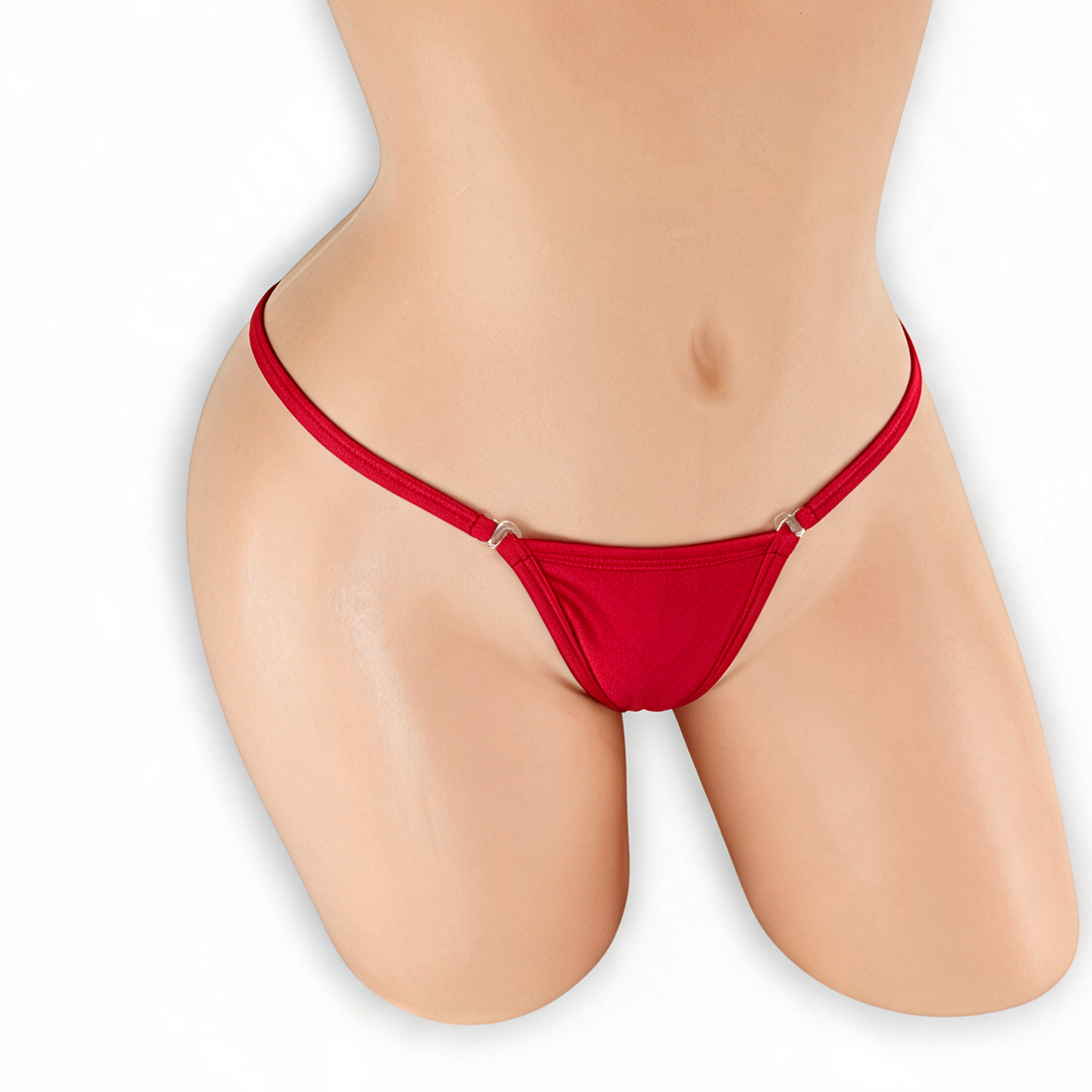 Ruby red double clip low rise v-back thong on mannequin, front view, Golddiggers Boutique